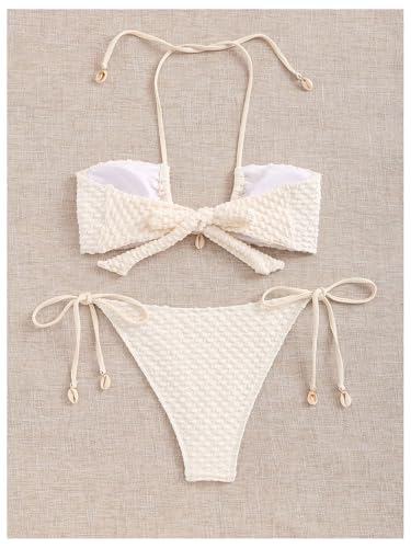 WDIRARA Women's 2 Piece Halter Textured Bikini Set Tie Back Bathing Suit High Cut Swimsuit Tie Back Swimwear2