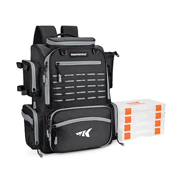 KastKing Bait Boss Fishing Tackle Backpack with Rod Holders-4 Tackle Boxes-Rain Cover,43L Large Storage for Fishing Gear
