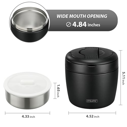 Image of Itslife 32oz Insulated Soup Thermo, Vacuum Stainless Steel Food Jar for Hot & Cold Food, Leakproof Wide Mouth Lunch Container with Spoon, Black