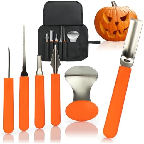 com-four® 6-teiliges Kürbis Schnitz-Set für Halloween - Schneide-Werkzeuge zum Aushöhlen von Kürbissen - Tasche mit Säge, Löffel, Schnitzwerkzeuge