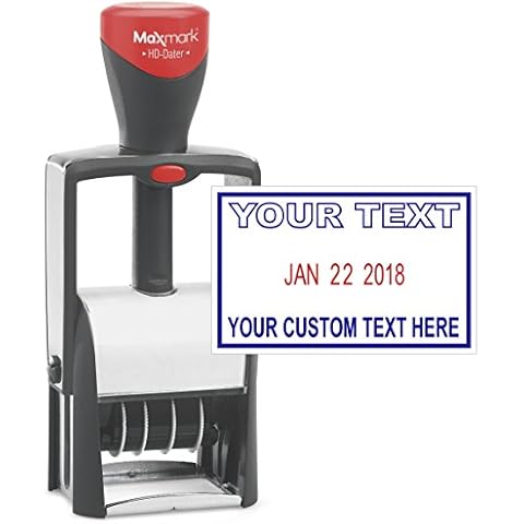 Heavy Duty Date Stamp with 2-Line Custom Text, Self Inking Stamp - 1" x 1-5/8” - 2-Color Blue/Red Ink Cover