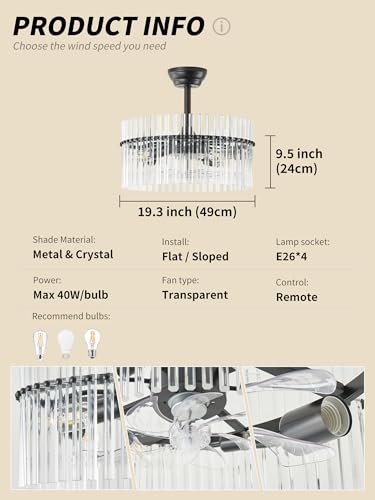 Image of SYDACG 20 inch Black and Clear Crystal Fandelier Ceiling Fan with Light, Mid-Century Chandelier Ceiling Fan with Light Remote Control, 6 Speeds for Bedroom, Nursery, Living Room