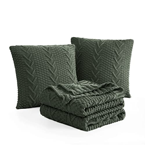 Aormenzy Knitted Throw Blanket (50" X 60") And 2 Pillow Covers (18" X 18"), 3 Piece Grayish Green Throw Blanket Set, Decorative Throw Blankets For Couch Sofa Bed Living Room #TOP1
