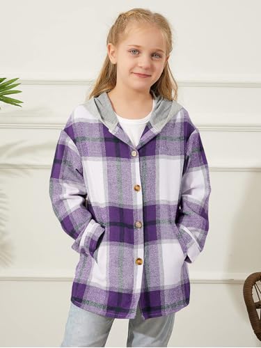 Image of Girls Cute Flannel Plaid Button Down Top with Pockets Long Sleeve Hooded Jacket