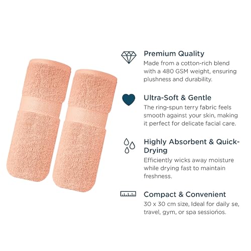 Image of Sulfar 100% Terry Ring Spun Cotton Face Towel - Quick-Dry, Highly Absorbent (480 GSM) (30 x 30 Cm) Tender Peach (Pack of 2)