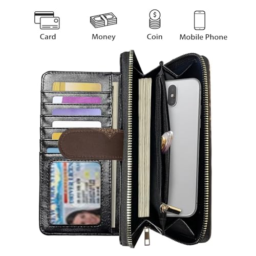 Image of COEQINE Ladies Wallets Pink Leopard Heart Black Printed Leather Phone Long Clutch Purses Check Coin Change Holder