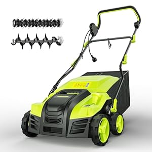 16-Inch Electric Dethatcher and Scarifier, YERYORK 2-in-1 Scarifier and Lawn Dethatcher with Powerful 15.5 AMP Motor 14.5Gal Collection Bag 5-Position Depth Foldable Handle for Lawns(Dark Green)
