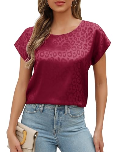 Zeagoo Blusas Elegante Cuello Redondo Camisas Verano Camiseta Manga Corta Casual Shirt Tops, Rosa Oscuro, M