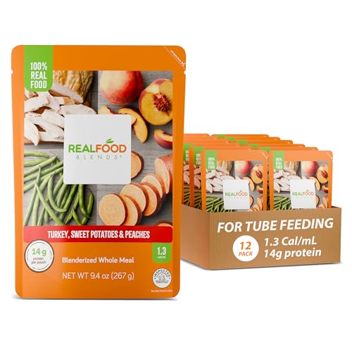 Real Food Blends Turkey, Sweet Potatoes & Peaches - Pureed Food Meals for Tube Feeding with Protein, Vegetables & Fruits - 320 Calories for Lunch & Dinner - 9.4 oz (Pack of 12)