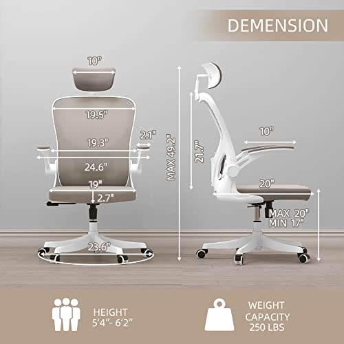 Monhey Ergonomic Office Chair Office Chair With Lumbar Support & Headrest & Flip-Up Arms Height Adjustable Rocking Home Office Desk Chairs Swivel High Back Computer Chair Warm Taupe Mesh Study Chair #TOP1