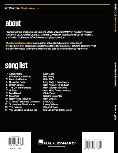2025-2026 Music Awards - Sheet Music Essentials for Piano + Lyrics | Various Artists | Intermediate Piano Songbook with Chord Symbols | Award-Winning and Nominated Pop, Country, Latin, Film Songs - Thumbnail 2