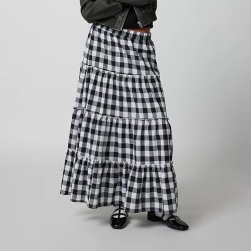 Women's Vintage Plaid Maxi Skirt Mopping Floor Length Big Hem Ruffled Tiered Long Skirt Gingham A Line Skirt2
