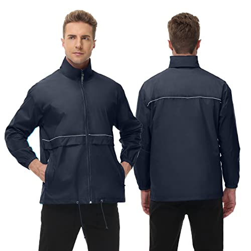 Tiheen Mens Waterproof Windbreaker Rain Jacket Lightweight Hooded Raincoat Packable Lightweight Rain Coat(Navy-3Xl) #TOP5