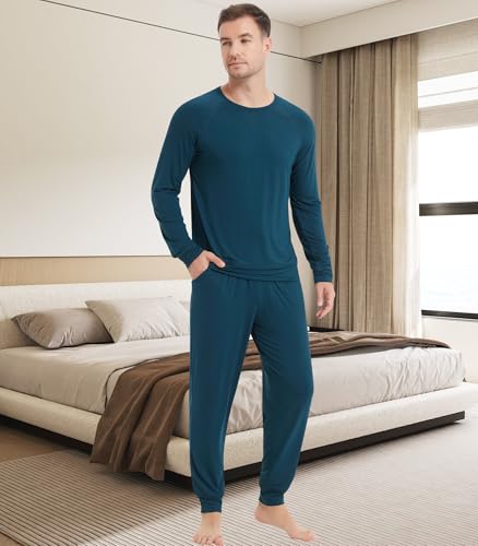 Image of NACHILA Mens Pajamas Set Long Sleeve Henley Sleepwear Top Soft Jogger Pants Pajamas Cool Pjs Set,Viscose Made from Bamboo