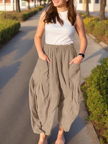 Women Summer Beach Vacation Pants Linen Wide Leg Pants Casual Loose Drawstring High Waisted Pants Flowy Palazzo Lounge2