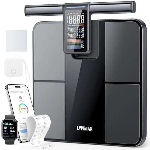 LVPIMAN Báscula inteligente para peso corporal y grasa, IMC, masa muscular 56, medición de composición corporal, báscula digital de baño de 7 electrodos, con pantalla a color VA de 5.25 pulgadas en