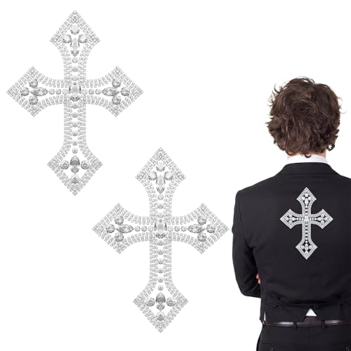 Suncalla 2 Pcs Large Silver Rhinestone Cross Patch Applique Crystal Cross Iron on Patches Sew on Clothing Patches for Clothes Bag Dress Jacket Repairing 8 x 6 Inches