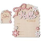 Vesavifaka Cartes Étapes Bébé en Bois, Panneau Annonce Bébé, Bonjour Monde Panneau Nouveau né pour Maison Hôpital Chambre d'enfant Elle est Là Carte, Idées Annonce Bébé Accessoires Recto Verso