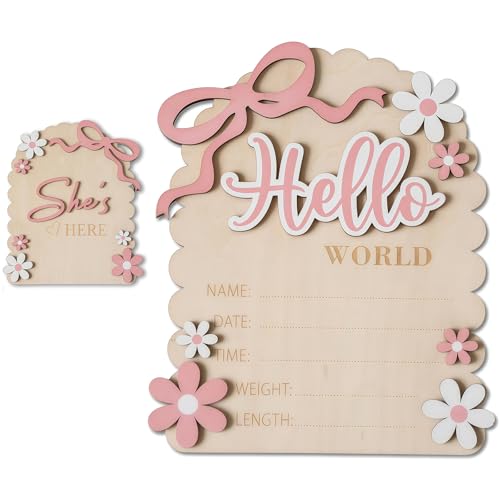 Vesavifaka Meilensteinkarten Baby Holz, Baby Ankündigungs Schild, Hallo Welt Neugeborenen Schild für Zuhause Krankenhaus Kinderzimmer Sie ist da Karte, Baby Ankündigungen Ideen Requisiten