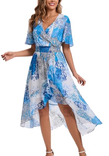 Image of Kormei Womens Short Sleeve Floral Maxi Dress High Low V-Neck Flowy Party Long Dresses