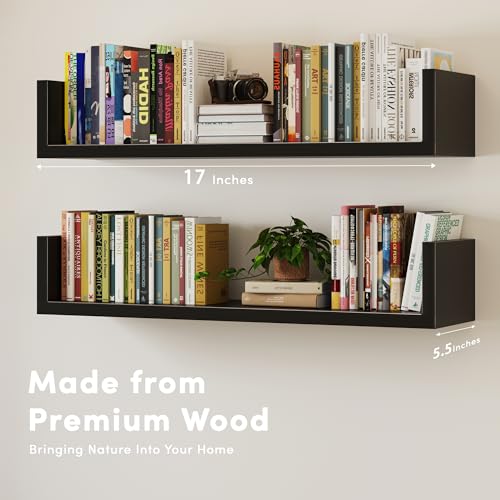 Image of Wall Bookshelf, Set of 3, U Shaped Floating Bookshelf, Hanging Bookshelves for Wall, Wall Mounted Shelves for Living Room Bedroom Office (Black, 17 Inches, 3)