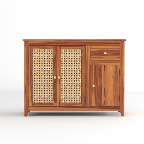 Image of Solid Sheesham Wood Sideboard Cabinet for Living Room | Crockery Cabinet with 2 Rattan Cane Door | Kitchen Display Unit 2 Rattan Cane Doors,1 Door Cabinet & 1 Drawer (Honey Finish)