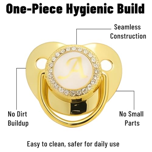 Image of Personalized Baby Pacifier with Bling Design - Golden Letter Pacifier with Pacifier Clip, Custom Name Pacifier for Baby, Curved Ergonomic Design for 6-18 Months (A, Gold)