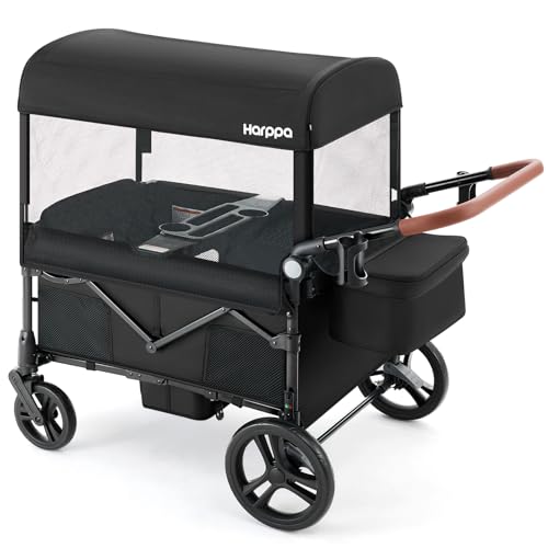 Image of HARPPA Remy Wagon Stroller for 4 Kids, 280Ibs Capacity with Mosquito Net | One-Button Fold, UPF50+ Canopy, 8'' /12'' All-Terrain Wheels, Adjustable Handle for Easy Storage and Outdoor Adventures