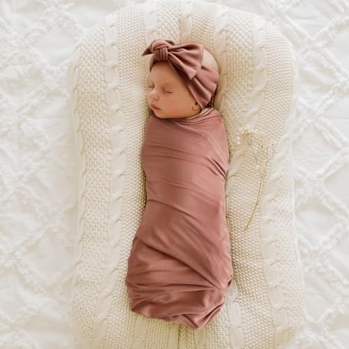 Image of GRSSDER Newborn Swaddle Blanket, Ultra Soft Jersey Receiving Blanket with Matching Headband and Beanie Set 33x44 inch, Stretchy Baby Neutral Swaddle Wrap for Girls and Boys