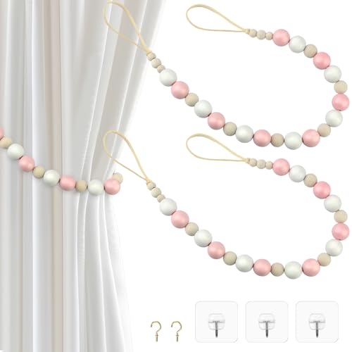 Poeland Lot de 2 embrasses de rideaux en perles de bois de style bohème avec crochets pour chambre à coucher, chambre d'enfant, salle à manger (rose et...