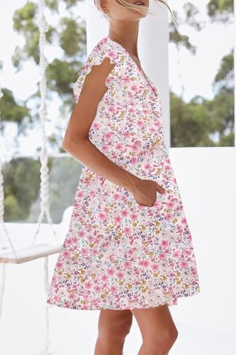 Image of nclook Womens Summer Casual Dresses Sweet Cute V Neck Mini Dress with Pockets Ruffle Short Sleeve