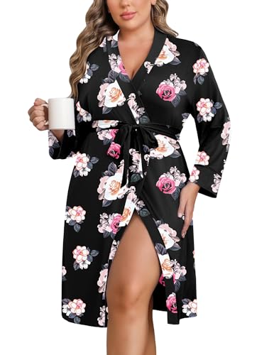 Image of Ekouaer Women Plus Size Robe Knee Length Lightweight Bathrobe Short Kimono Robes with Pockets Maternity Robe 1X-5X