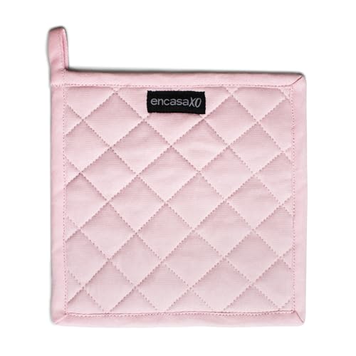 Image of Encasa XO Heat Resistant Cotton Pot Holders with Hanging Loop - Set of 2 - Light Pink & Light Grey - Multipurpose Quilted Everyday Hot Pad for Kitchen, Camping, BBQ & Microwave - 21 cm