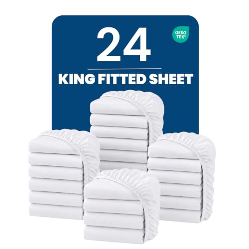 Image of Bulk 24-Pack Hotel Fitted Sheets King Size, 16-Inch-Deep Pocket, White | Resort & Commercial Bedding, Ultra Soft, Cooling, Breathable, Wrinkle Resistant, OEKO-TEX Certified