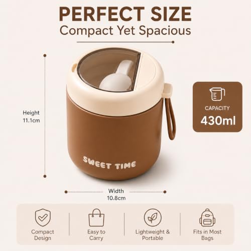 Image of Portable Food Container 430ml with Spoon | Silicone Sealed Lid & Pressure Release Vent | Compact Lunch Pot with Carry Loop for Snacks Meals Office School & Travel - Coffee