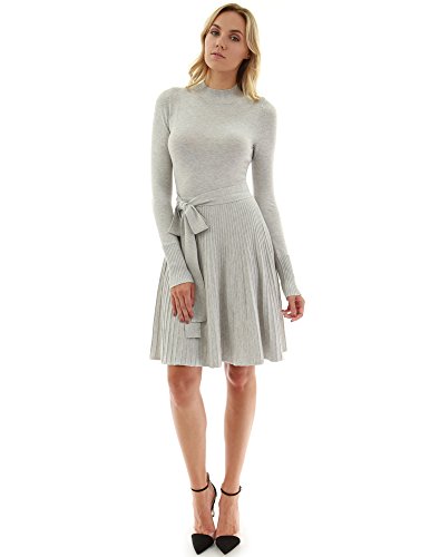 PattyBoutik Women Mock Neck Fit-and-Flare Knit Sweater Dress (Light Gray Medium)