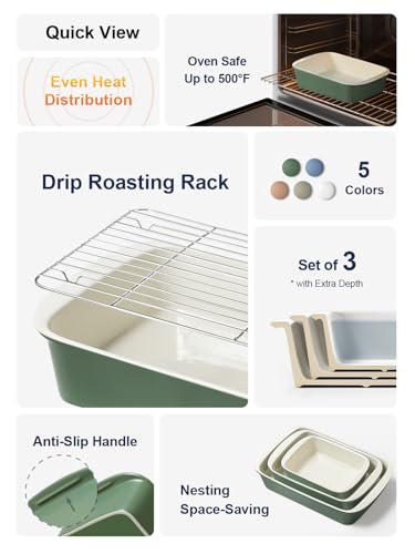 Image of LE TAUCI Deep Casserole Dishes for Oven, 13.7 inchx9.6 inch Ceramic Baking Dish Set with Roasting Racks, Large Lasagna Pans with Handles, Rectangular Bakeware as Gift for Mom, Forest Green (4.6QT /3.0QT /1.6QT), Set of 3