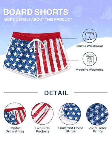 Image of BesserBay Girls 4th of July Elastic Waist Beach Swim Shorts American Flag Trunks with Pockets 5-14 Years
