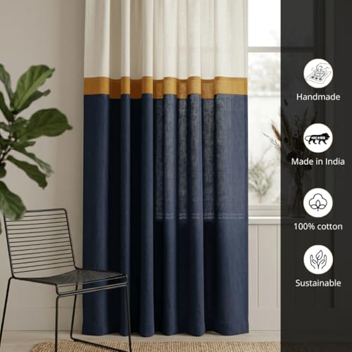 Image of Peepul Tree Cotton 7ft Door Curtain Woven in Navy Blue and Off White | Semi Blackout with 70% Light Blocking| Top to Bottom Reversible Curtain Set of 2
