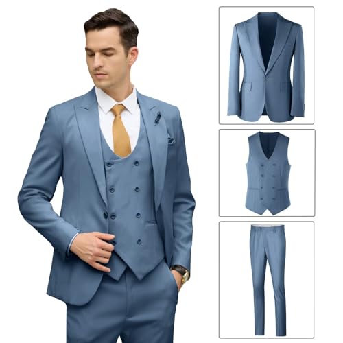 Image of Mens Suit Slim Fit 3 Piece Double Breasted Suit Men Formal Tuxedo Set Casual Wedding Prom Groom Suits