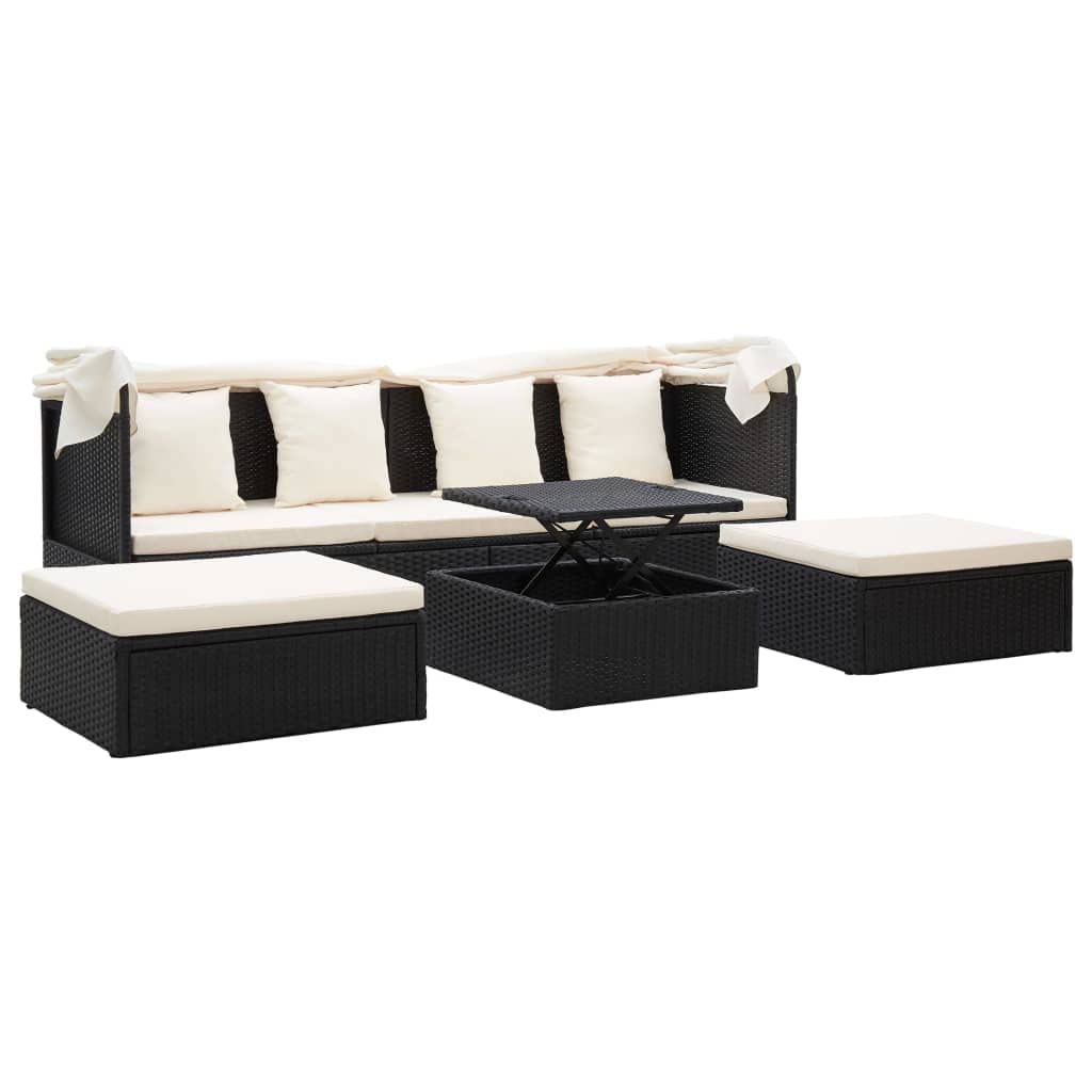 vidaXL Gartenbett mit Dach Sonnenliege Gartenliege mit Sonnenschutz Chaiselongue Sonnenbett mit Klapptisch Outdoor Lounge Schwarz Poly Rattan
