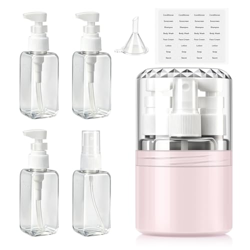 4 in 1 Refillable Travel Dispenser Bottles Leak Proof Portable Travel Toiletry Container for Shampoo Lotion Conditioner Cream 50ml Pump Spray Bottle for Flights Gym Weekends Business Trips Camping