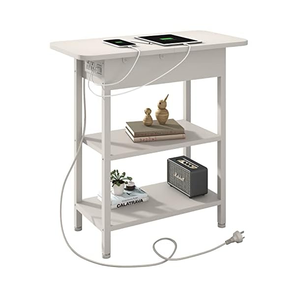 LIDYUK End Table with Charging Station, Flip Top Side Table with USB Ports and Outlets, Nightstand for Small Spaces, Bedside Tables with Storage Shelf for Living Room, Bedroom, White