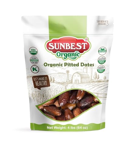 Sunbest Natural Deglet Noor Organic Dates, 4 lbs – Pitted & Whole – Bulk Dried Fruit Snack For...