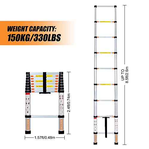 BEETRO 8.5ft Aluminum Telescoping Ladder, Extension Folding Ladder, Multipurpose Ladder for Roofing Business, Outdoor Working, Household Use and More, 330 LB Capacity