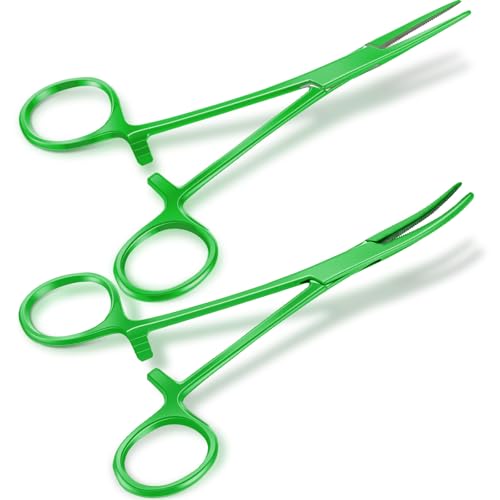 Image of BBTO Hemostat Curved and Straight Hemostat Forceps Piercing Pliers Forceps, Stainless Steel Straight and Curved Pliers, Fishing Tweezer(Green,2 Pcs)