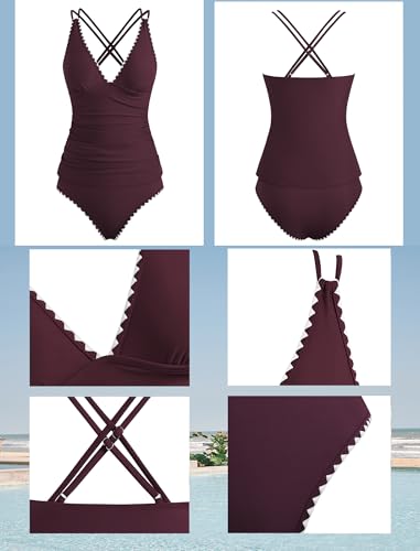 Image of ZAFUL Womens Tankini Swimsuits V Neck Push Up Swim Top Color Block Tummy Control High Waisted Bathing Suits Swim Bottom