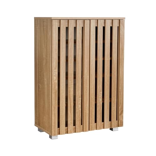 Home Source 2 Door Wooden Shoe Storage Cabinet Rack Stand, Slatted Cupboard, Oak Effect