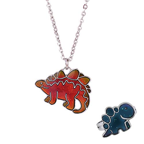 Oumeling 2 Pack Mood Jewelry Set - Personalized Dinosaur Shaped Color Change Adjustable Size Mood Rings and Mood Necklace for Girls and Boys