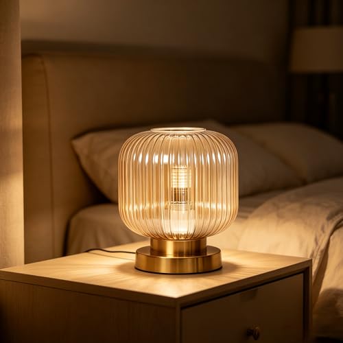 Mid Century Modern Table Lamp, Amber Vertical Ribbed Glass Shade Small Desk Lamp with Gold Metal Base, E26 LED Bulb Included, Decorative Nightstand Lamp for Bedroom, Living Room, Office, Side Table